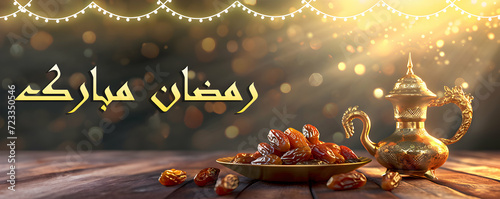 Arabic Lantern with dates and bokeh Ramadan Kareem Arabic Urdu calligraphy Greeting Card banner design 
