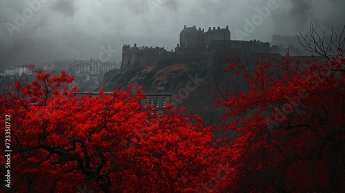  a castle on a hill with red trees in the foreground and a dark sky in the background with white clouds in the foreground and a full of red leaves in the foreground.