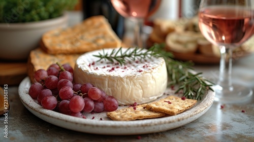  a plate of cheese, crackers, and grapes on a table with a glass of wine and a plate of crackers with crackers and a glass of wine in the background.