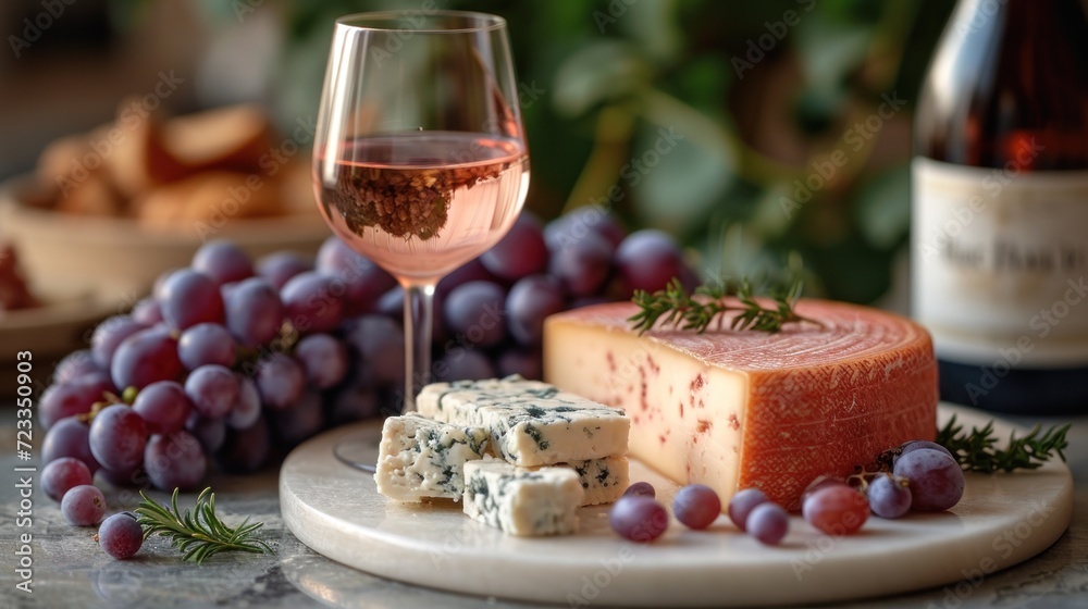  a plate of cheese, crackers, and a glass of wine sit on a table next to a bunch of grapes and a bottle of wine in the background.