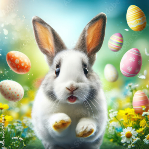 Portrait of a bunny runs against the background of flying Easter colored eggs nature background. ai generative