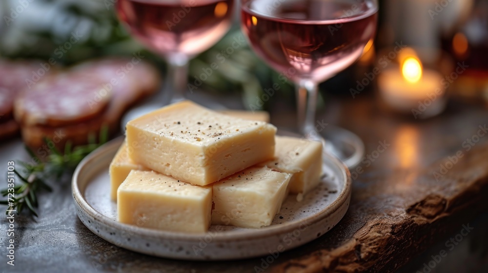 a white plate topped with pieces of cheese next to a glass of wine and a plate of cheese next to a couple of glasses of wine glasses on a table. a white plate topped with pieces of cheese next to a glass of wine and a plate of cheese next to a couple of glasses of wine glasses on a table.
