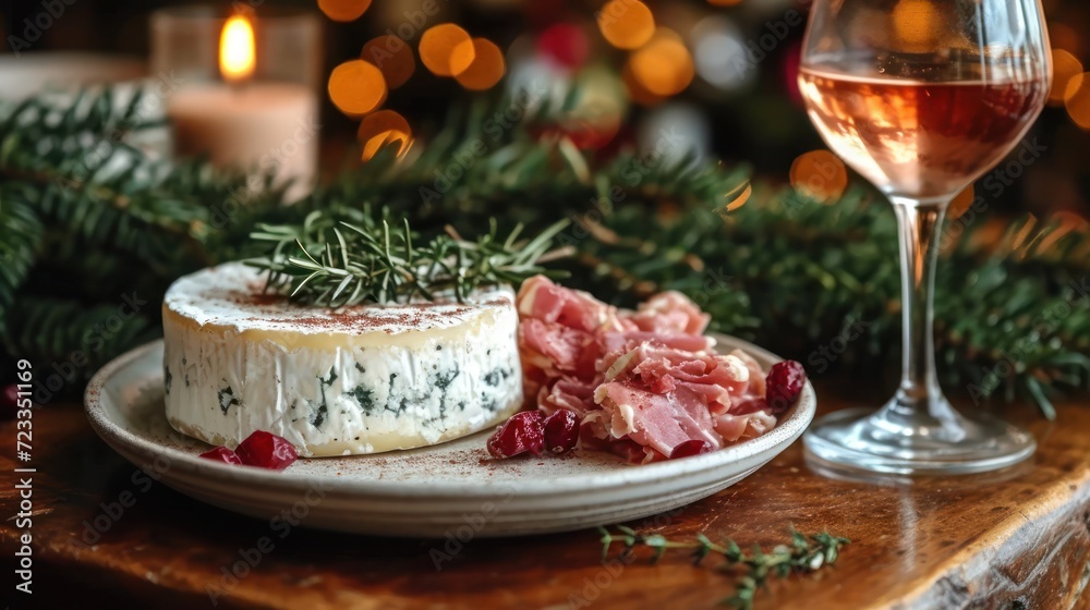 a plate of food on a table next to a glass of wine and a glass of wine on a table with a lit christmas tree and boke of lights in the background. a plate of food on a table next to a glass of wine and a glass of wine on a table with a lit christmas tree and boke of lights in the background.