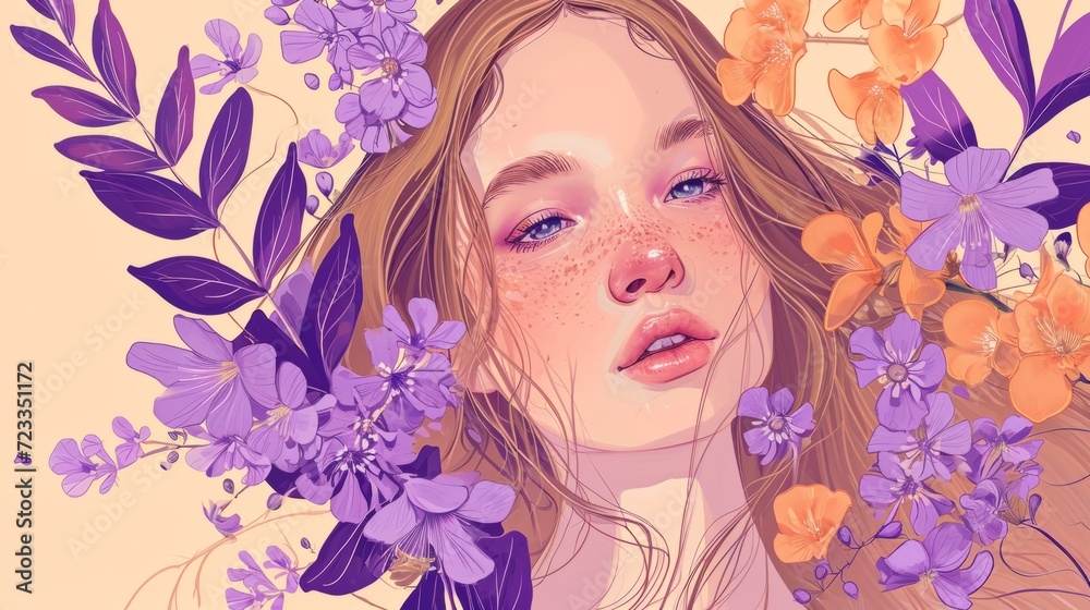 A woman with freckles on her face surrounded by flowers