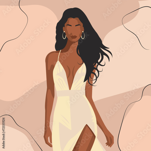 Vector flat fashion illustration of a beautiful African young woman in a flowing white dress with a slit on the leg.
