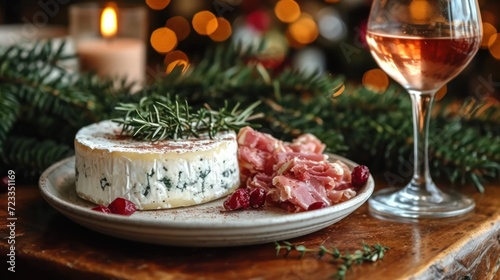  a plate of food on a table next to a glass of wine and a glass of wine on a table with a lit christmas tree and boke of lights in the background.