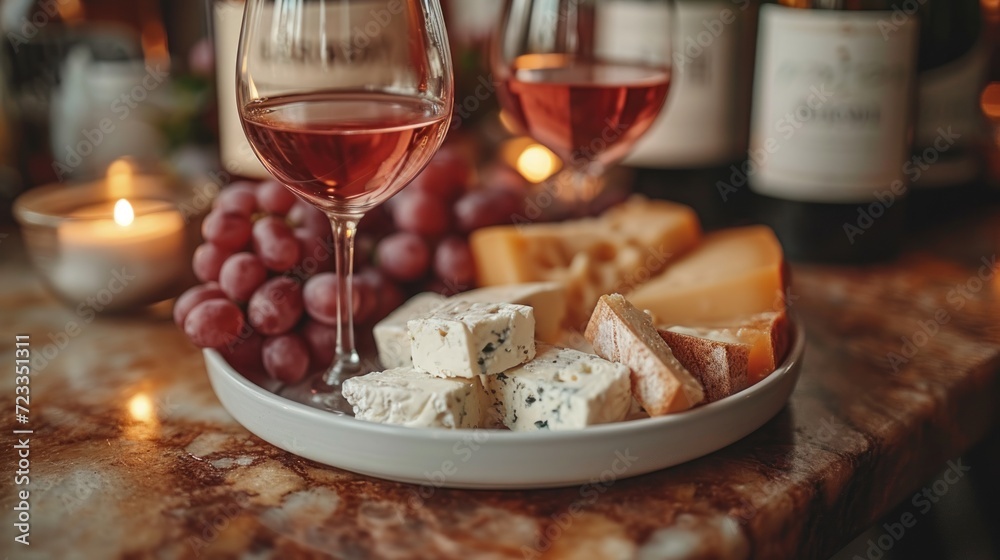  a plate of cheese, crackers, and a glass of wine on a table with candles and bottles of wine in the background on the table is a marble surface.
