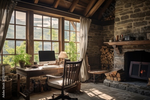 Rustic home office with wooden beams, antique furniture a stone fireplace