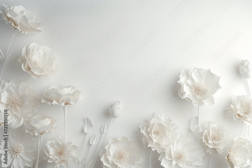 A composition of white flowers. wedding background concept. Flat plan, top view, place for text A composition of white flowers. wedding background concept. Flat plan, top view, place for text