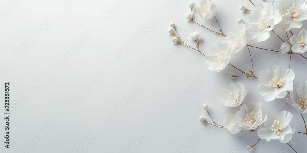 White small flowers on a white background with a place for congratulations. view from above. - obrazy, fototapety, plakaty 