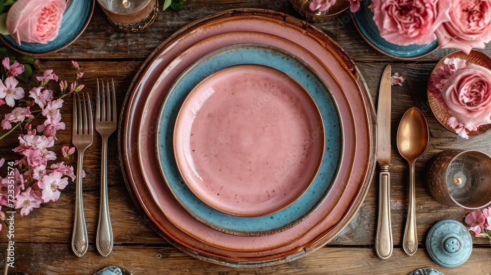 a close up of a plate with pink flowers on a wooden table with silverware and utensils and a bouquet of pink flowers on the side of pink flowers. a close up of a plate with pink flowers on a wooden table with silverware and utensils and a bouquet of pink flowers on the side of pink flowers.