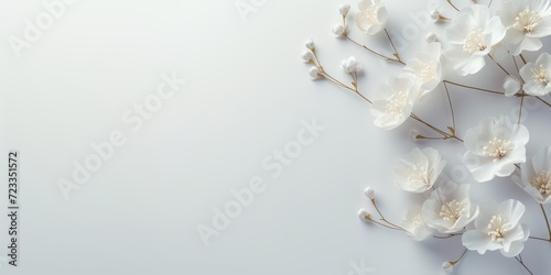 White small flowers on a white background with a place for congratulations. view from above. photo