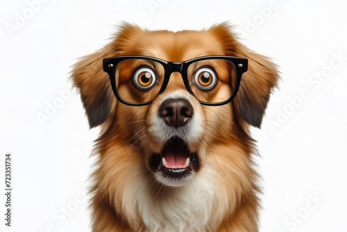 Shocked cute dog in glasses with surprised eyes on white background. ai generative photo