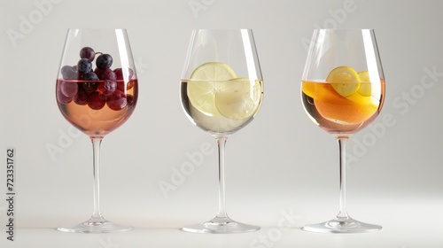  a group of three wine glasses filled with different types of wine and fruit sitting on top of each other in front of a white background with a white wall behind.