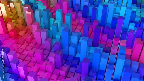 Geometrie - farbige Quader - Skyline - Architektur, Perspektive, Flächen, Formen, Winkel, Körper, Symmetrie, Rendering, blau, violett, pink, rot 