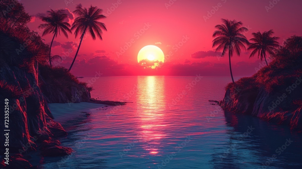  the sun is setting over the ocean with palm trees in the foreground and a boat in the water at the far end of the picture is a pink sky.