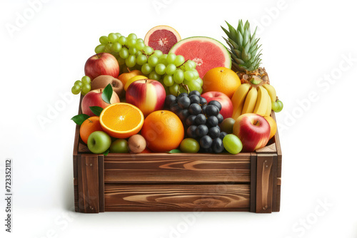 wooden box with fresh fruits isolated on solid white background. ai generative