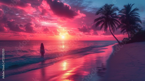  a sunset on a tropical beach with a surfboard in the foreground and palm trees on the other side of the beach  with the sun setting in the distance.