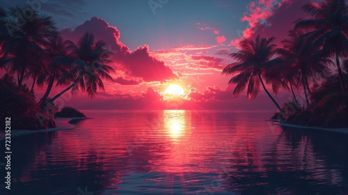  the sun is setting over the ocean with palm trees in the foreground and a boat in the water at the far end of the picture is a pink and blue sky.