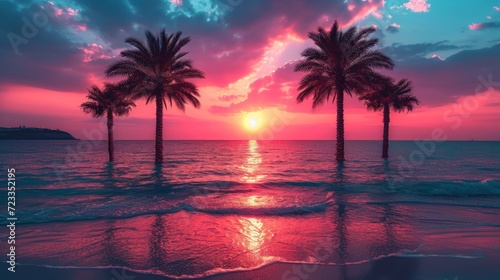  a couple of palm trees sitting on top of a beach under a pink and blue sky with the sun setting over the ocean and a couple of palm trees in the foreground. © Nadia