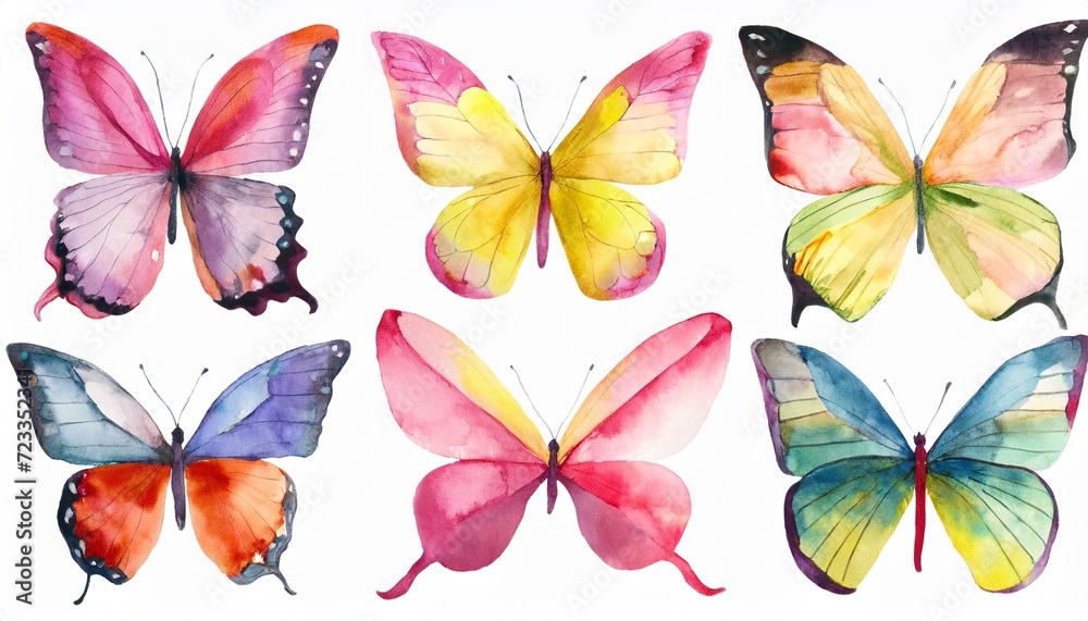 watercolor colorful butterflies isolated butterfly on white background blue yellow pink and red butterfly spring illustration