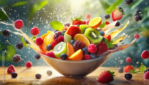colorful fruit salad exploding in a bowl