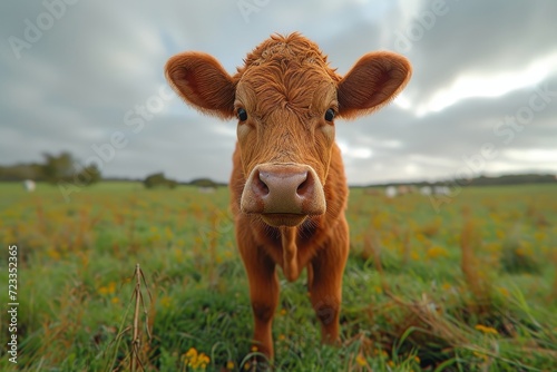 A solitary dairy cow stands tall in a lush green meadow  her brown coat blending with the surrounding grass as she grazes under a blue sky dotted with fluffy white clouds