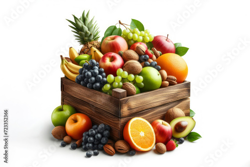 wooden box with fresh fruits isolated on solid white background. ai generative