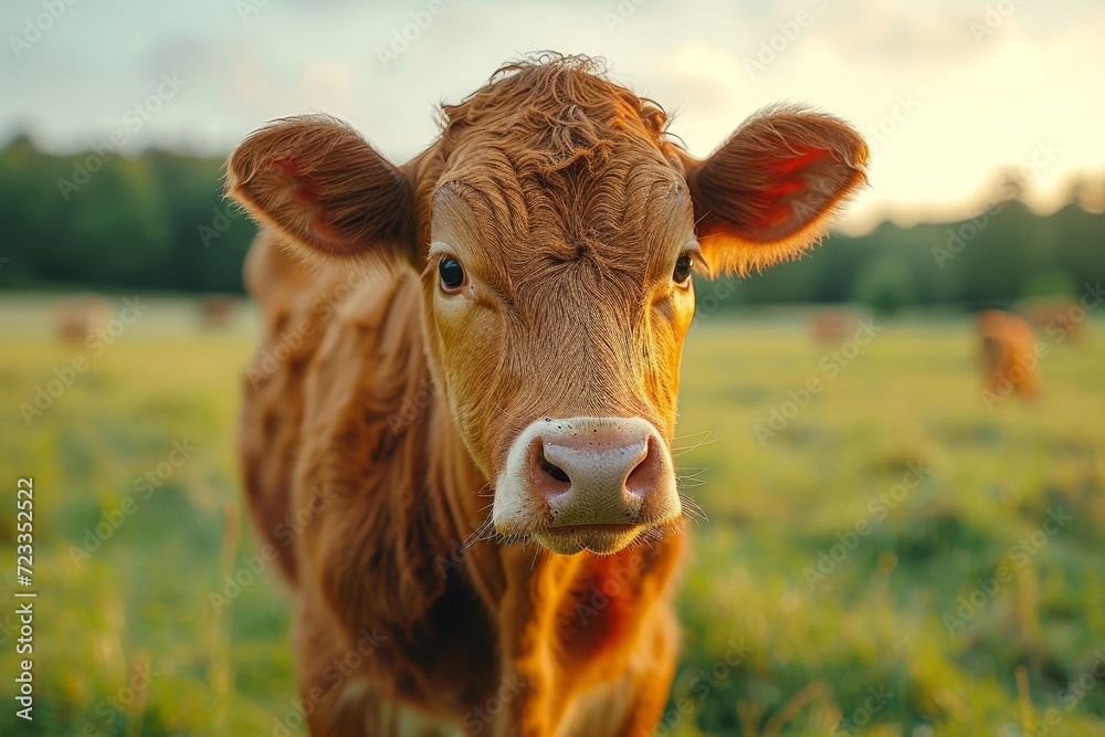 A majestic dairy cow stands tall, gazing upon the vast expanse of green grass and endless blue sky in its peaceful outdoor home on the farm A majestic dairy cow stands tall, gazing upon the vast expanse of green grass and endless blue sky in its peaceful outdoor home on the farm