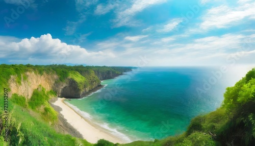 beach cliff viewing green sea