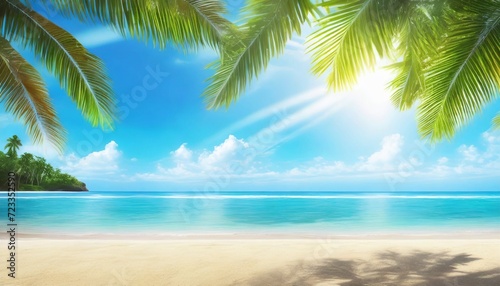 sunny tropical beach with palm leaves and paradise © Slainie