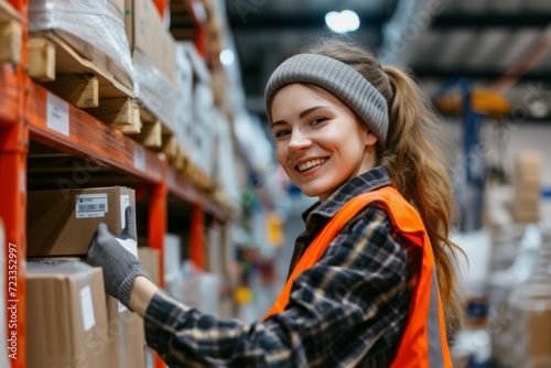 A cheerful young female warehouse worker smiles confidently at the camera, radiating positivity and dedication in her work environment, embodying a strong and vibrant workforce