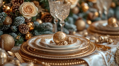  a close up of a table setting with gold and white plates and silverware and a christmas tree with gold and white ornaments and pine cones in the centerpieces.