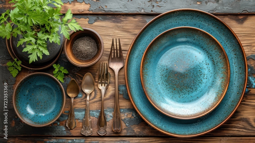  a table topped with blue plates and silverware next to a potted plant on top of a wooden table next to a knife, fork, fork, spoon and knife and spoon.