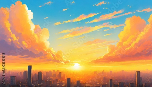 sunrise or sunset over the city blue sky with orange fluffy clouds anime manga digital illustration comic style photo