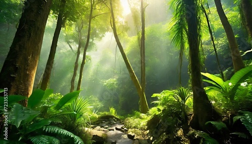 tropical rainforest landscape forest scenic with jungle tree in green nature beautiful wild wood foliage plant over the mountain leaf with rain water environment park background for travel photo