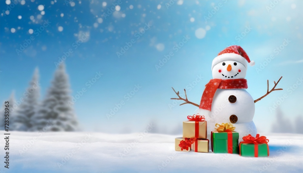 christmas cute snowman with gifts for happy christmas on snow background and new year festival wallpaper x mas greeting and wishes banner