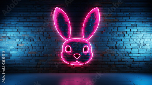 Vibrant pink neon rabbit brick wall outline background image. Bunny signboard nightclub desktop wallpaper picture. Nighttime Easter inspiration photo backdrop. Sci fi cyberpunk concept