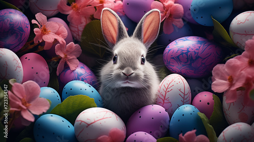 Easter bunny paschal background image. Egg hunting. Rabbit Eastertide desktop wallpaper picture. Festive springtime photo backdrop. Happy eastertime concept composition front view photo