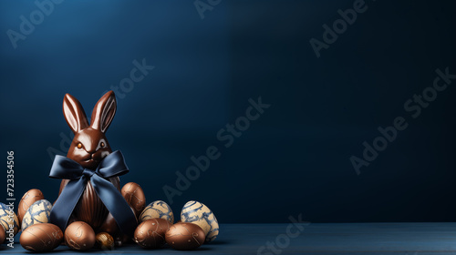 Bow tie rabbit chocolate eggs banner background copy space. Rabbit chocolate figurine on dark blue image backdrop empty. Easter sweets concept composition front view, copyspace