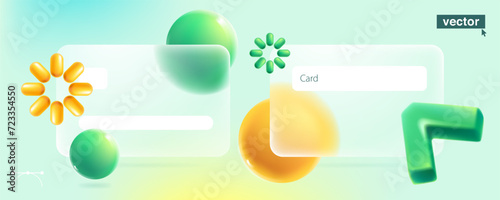 Glass morphism credit card template with realistic 3D triangle cursor and spheres. Transparent plastic template and loading icon.