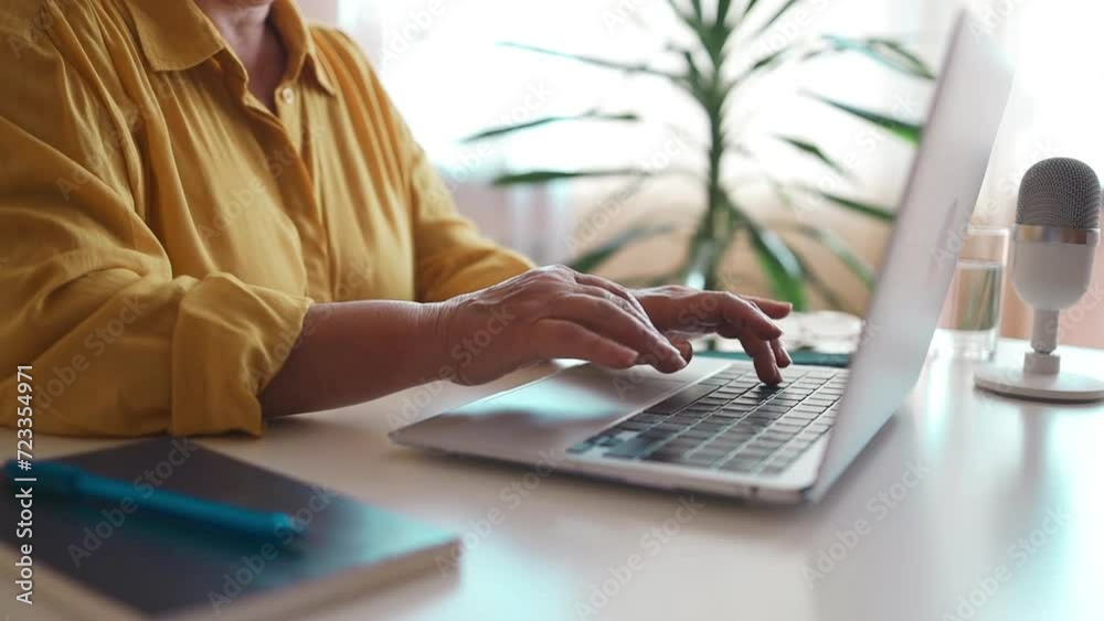 Caucasian female hands typing on pc keyboard. Business woman user using laptop computer working online, searching tech data in internet sitting at desk in home office. Close up view. High quality