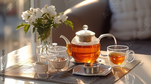  a glass tea pot sitting on top of a table next to a cup of tea and a tea tray with a vase of flowers in the middle of the tea.