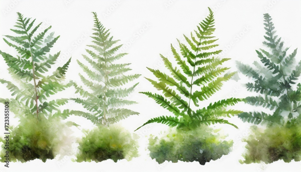 fern and moss collection in watercolor style isolated on a background for design layouts