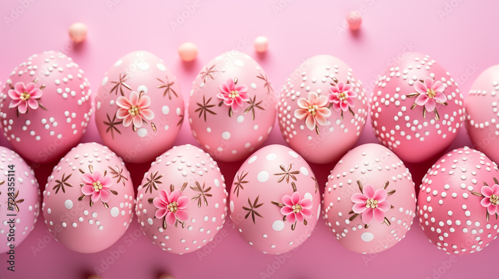 Pink flowers Easter eggs background image. Paschaltide desktop wallpaper picture. Religious holiday eastereggs photo backdrop. Egg hunt. Easter-themed concept composition top view