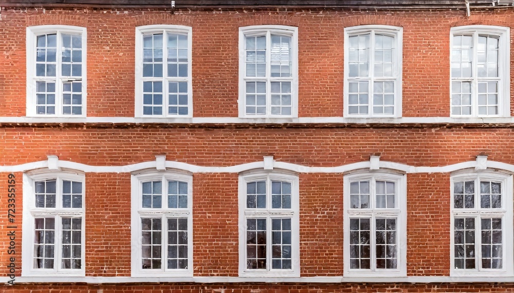 eight windows with white sash and frame on a red brick wall georgian british style