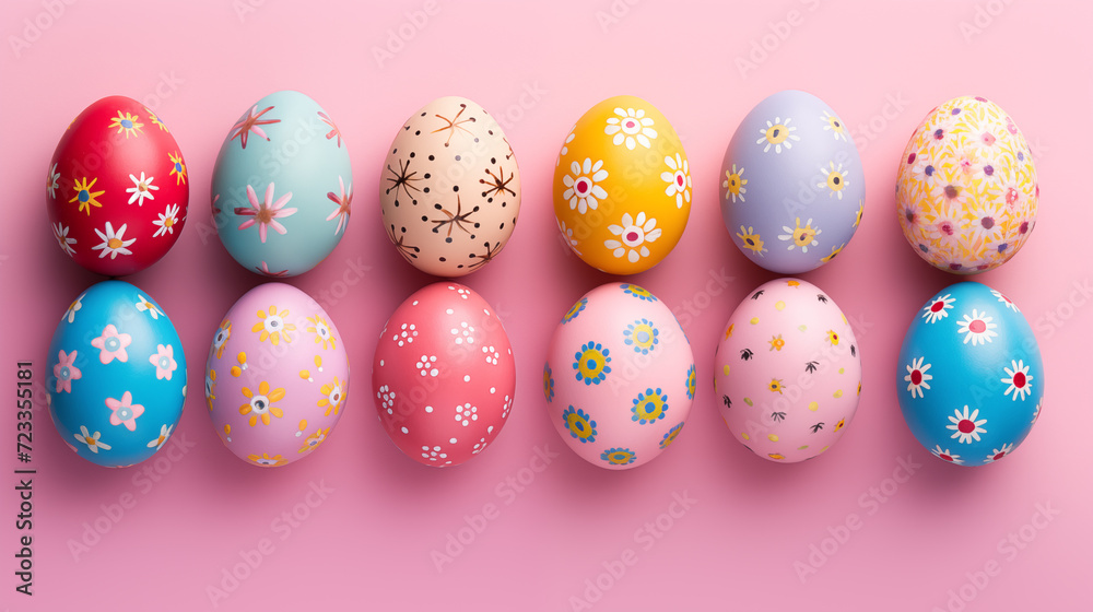 Easter traditional culture background image. Paschaltide desktop wallpaper picture. Religious holiday pysanka photo backdrop. Egg hunt. Easter-themed concept composition top view