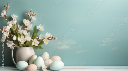 Spring bouquet dyed Easter eggs pastel banner background copy space. Eastertime floral arrangement image backdrop mint blue wall. Spring tranquil concept composition front view  copyspace