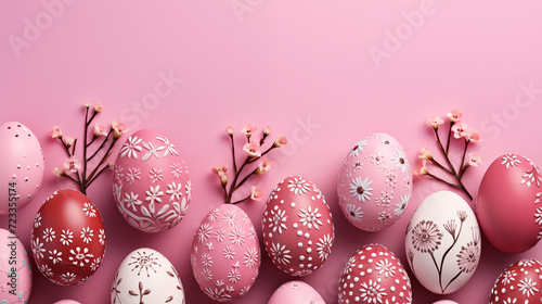 Easter traditional festival on pink banner background copy space. Eastertide image backdrop empty. Religious holiday eastereggs. Easter-themed concept composition top view, copyspace