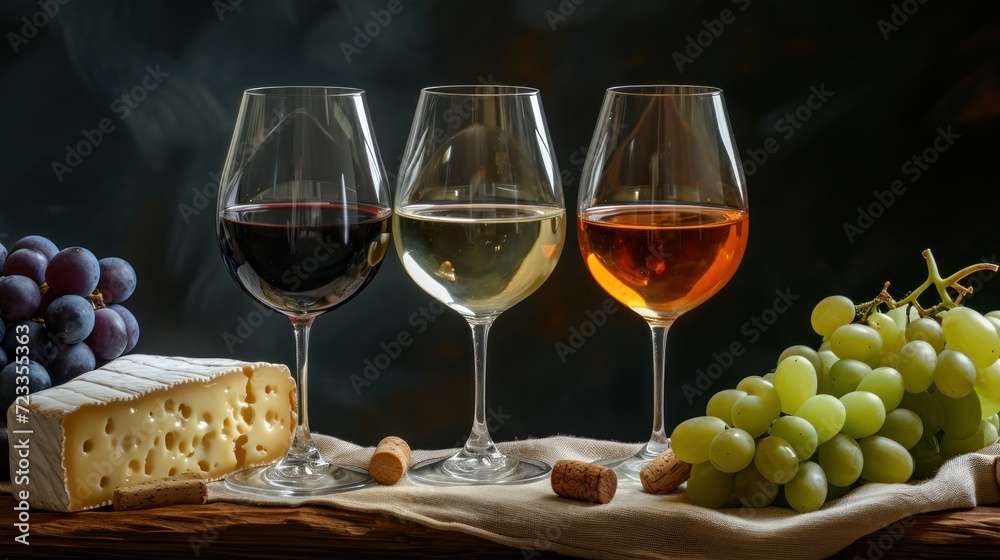  three glasses of wine, cheese, and grapes are sitting on a table with a piece of bread and a bottle of wine in front of wine in the foreground.